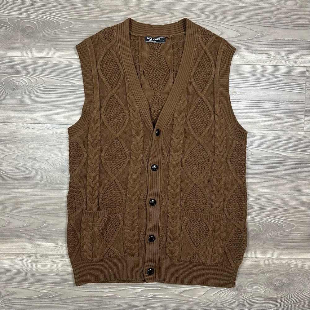 Paul Jones‎ Brown Cable Knit Sweater Vest L Chunky Knit Grandpa Core Fall